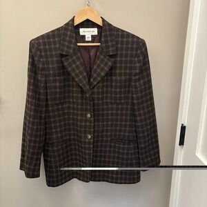 Vtg 90s Jones New York Womens Worsted Wool Blazer Jacket Size 14 Brown Plaid